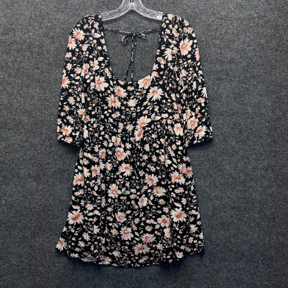 American Eagle Floral Mini Dress Womens XS Black Daisy Boho Open Back Tassel